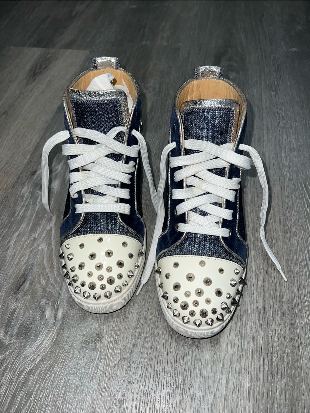 Womens Navy Denim High-Top Christian Louboutin Sneakers with Studded Cap